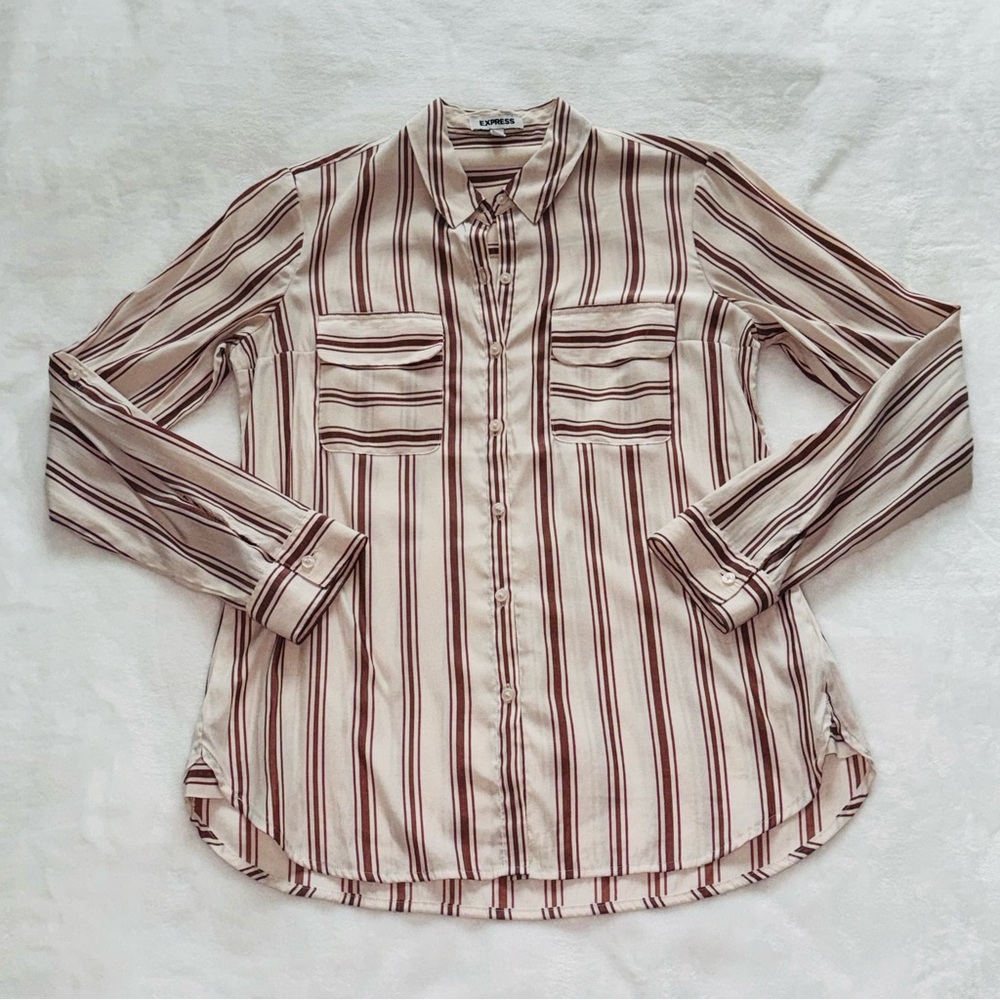 EXPRESS Womens The City Shirt Stripes Button Down w/ Roll Tab Sleeves Size Small